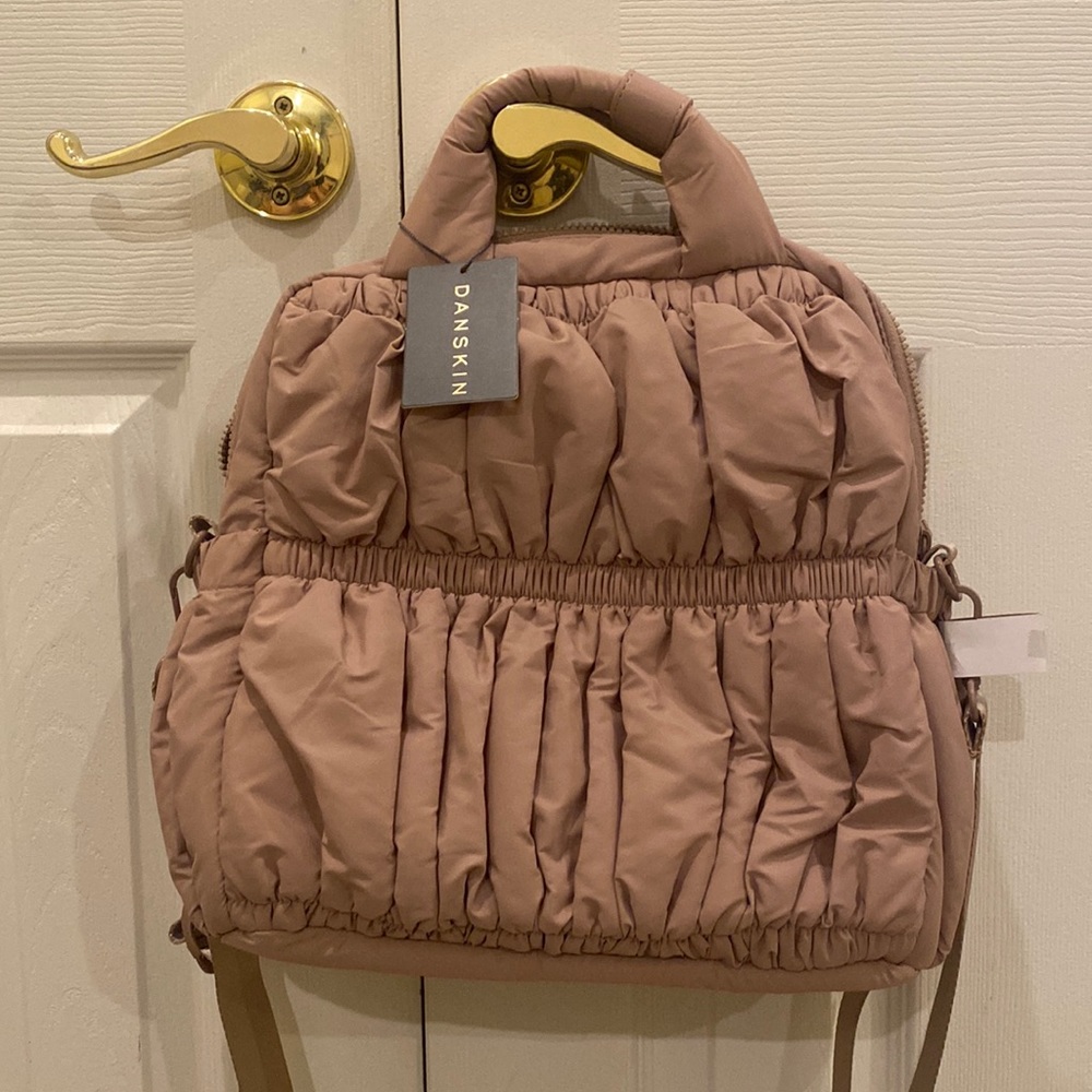 Mauve pink quilted nylon puffer backpack / crossbody bag